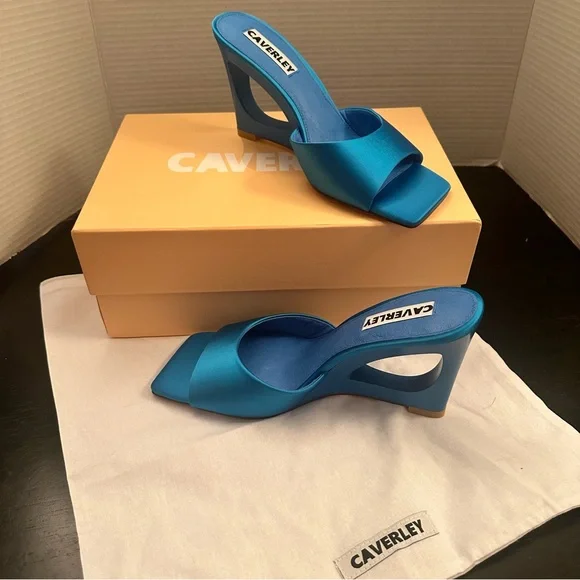 CAVERLEY Ozi Wedge Heels - Blue Satin & Leather Sculptured heeled mules Sz39 NEW - Picture 4 of 10